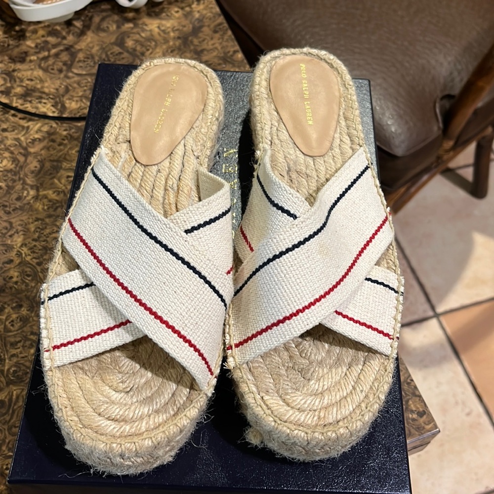 Polo espadrille slide fabric canvas with raffia bottom